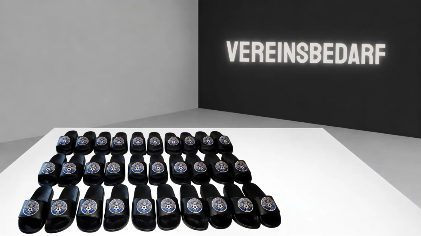 Vereinsbedarf — bedruckte Badelatschen mit Vereinswappen