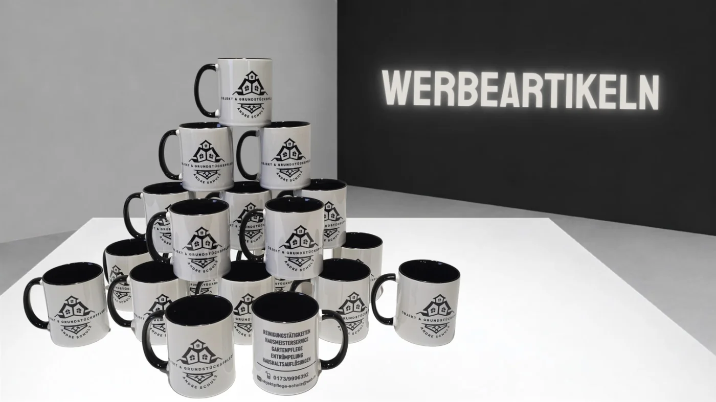 Werbeartikel — bedruckte Tassen mit Firmenlogo