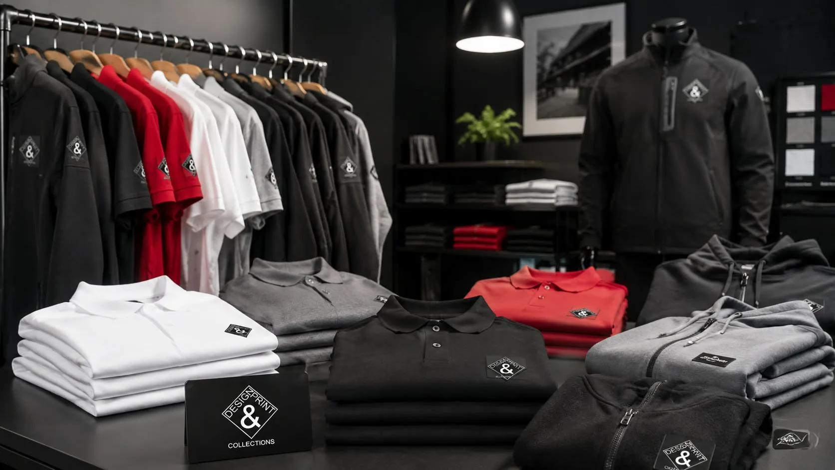 Bestickte Poloshirts, Hoodies und Jacke von Design & Print Collections, präsentiert im Showroom